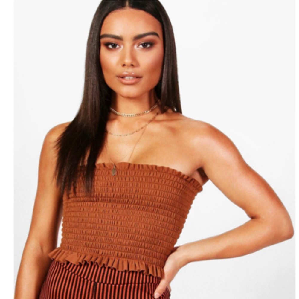 Boohoo Burnt Orange Shirred Bandeau Strapless Cropped Tube Top Size M